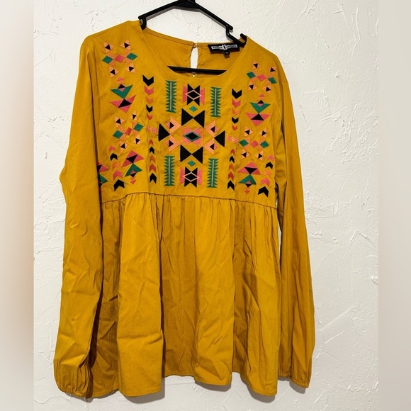 Rowdy Crowd Guadalupe Embroidered Mustard Yellow Aztec Print Blouse Sz XL - Picture 5 of 11